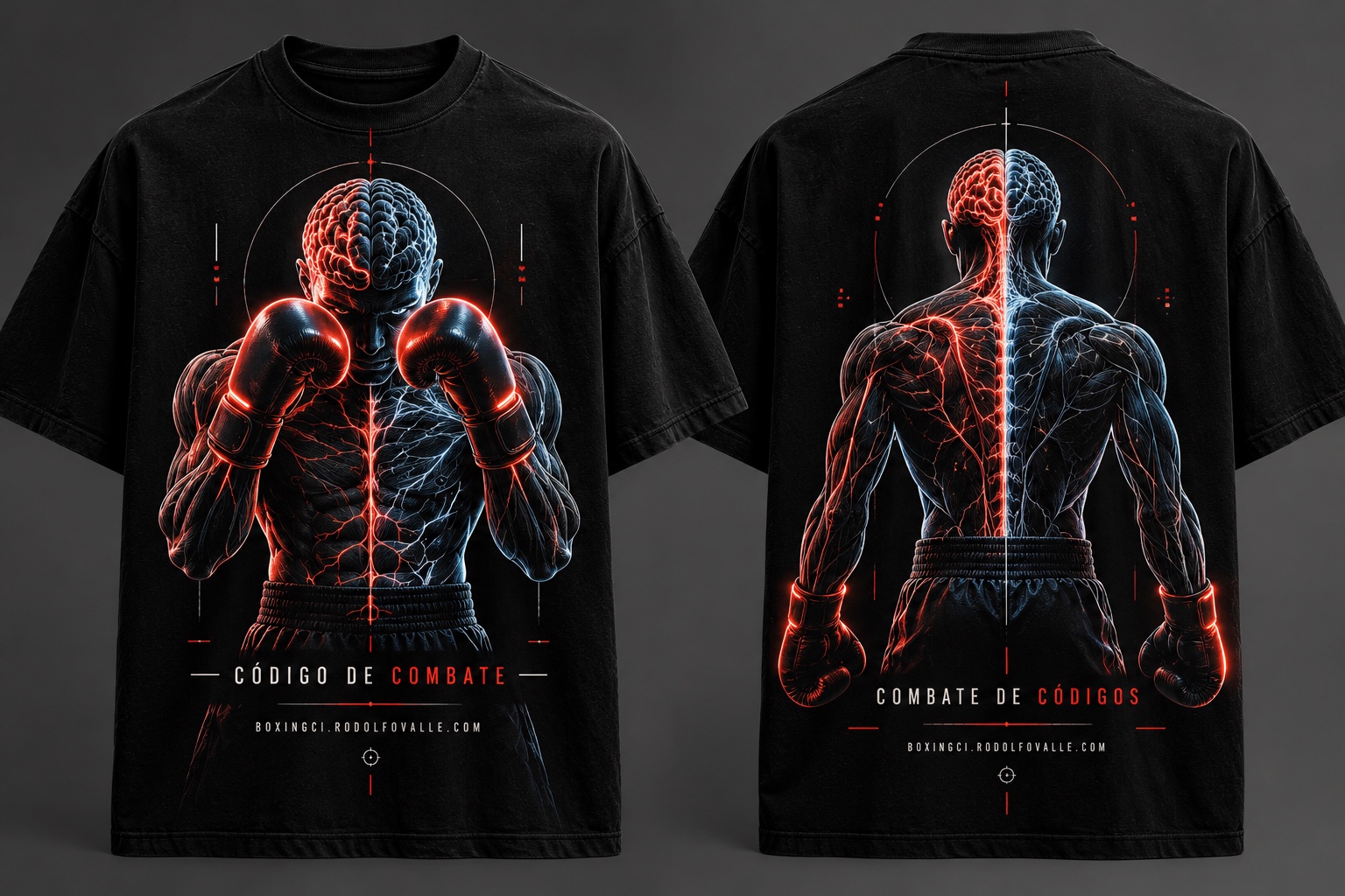 Polera negra BOXINGCI, vista frontal y posterior, con boxeador anatómico en rojo y azul y los textos Código de combate y Combate de códigos